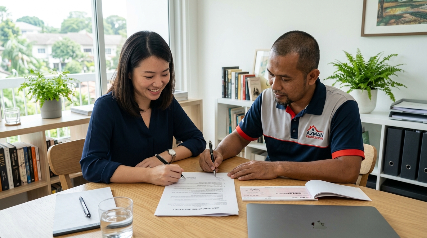 Malaysian homeowner and contractor signing a renovation contract at a table with a cheque visible