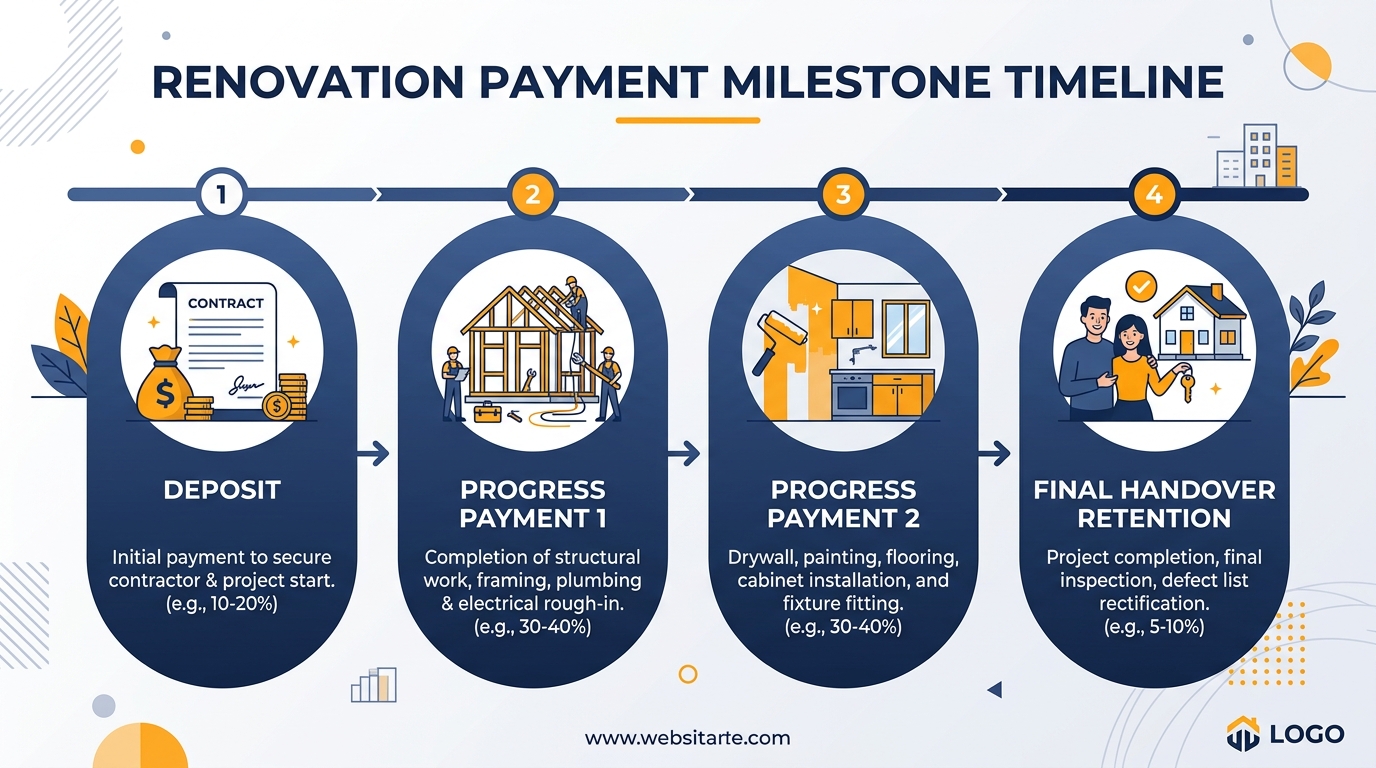 Renovation payment milestone timeline infographic showing deposit through to handover retention